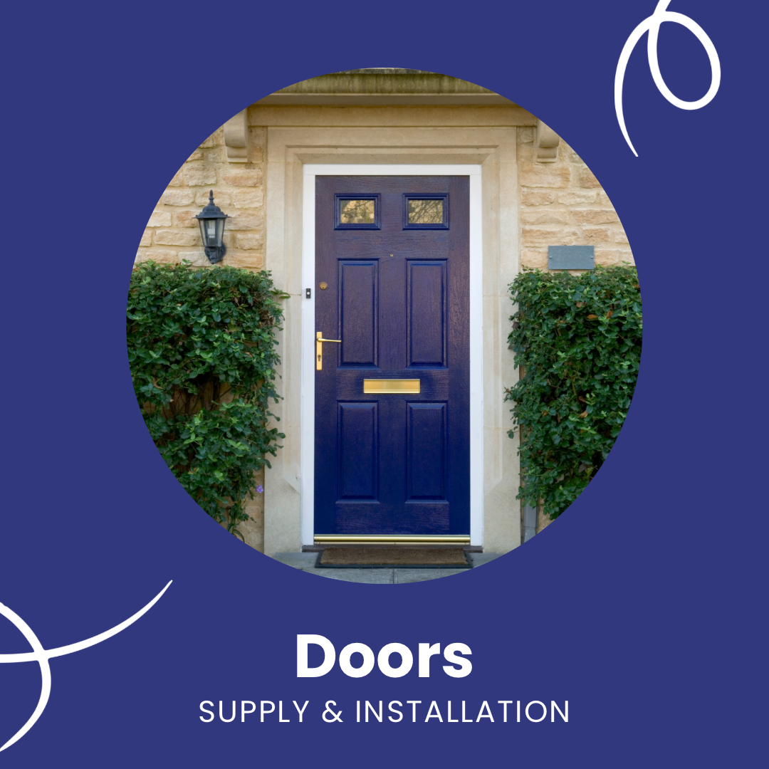 Installer fitting a new blue composite front door on a residential home in Plymouth, with modern design and secure locking system, replacing an old, worn-out door.